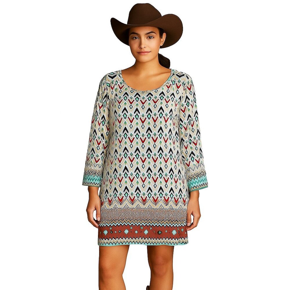 Rock 47 By Wrangler Multicolor Aztec Print 3/4 Sleeve Lined Mini Dress Womens L